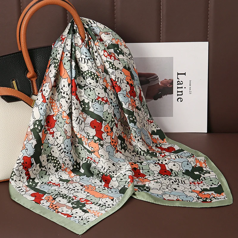 Luxury Print Satin Silk Square Scarf for Women Shawl Hijab Neckerchief Female Hair Ribbon Headband Fashion Wrap Bandana 2023 New