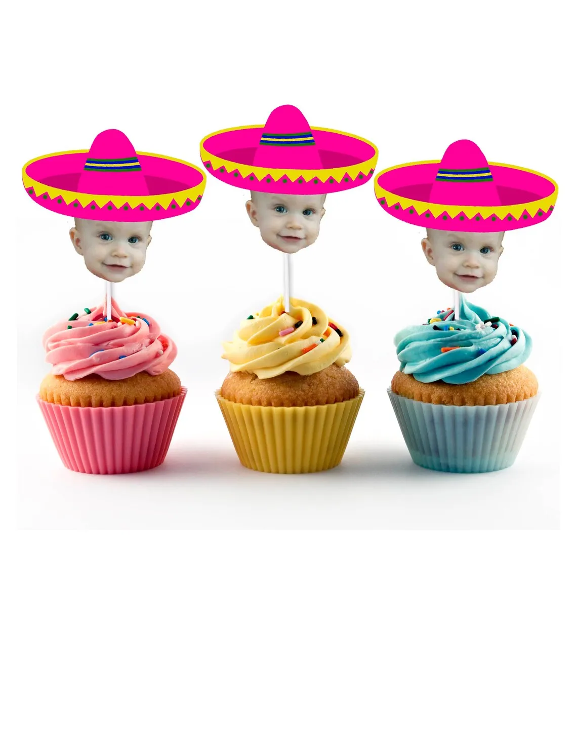 Sombrero Cupcake Toppers with Custom Face Photo (12 count) - green sombrero, Cinco De Mayo, May 15, Sugar skulls, Birthday party