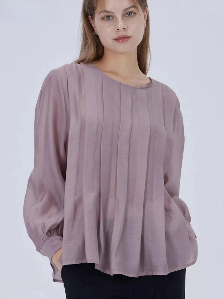 

DINADD Fashion Loose Purple Women's Shirt 2025 Casual O-Neck Long Sleeve Shirts Elegant Classic Solid Top Female Clothing
