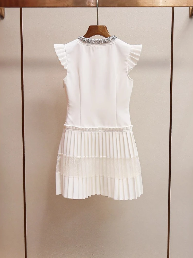 Women's Summer New Style French Heiress Style Temperament Diamond Studded Flying Sleeves Pleated Diamond Painting Cross Stitch
