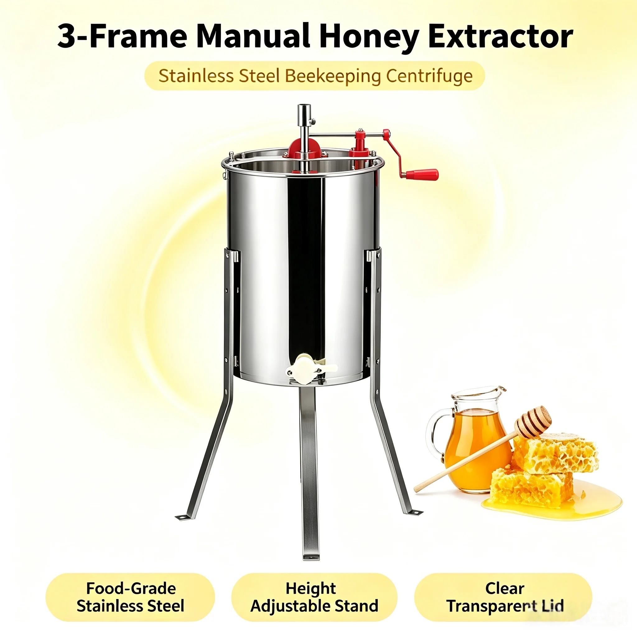 3 Frame Stainless Steel Manual Honey Extractor With Transparent Lid & Adjustable Stand, Beekeeping Honey Separator
