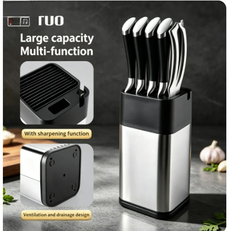 XITUO Stainless Steel Knife Holder Multifunctional Countertop Rack Built-in Sharpener Scissors Slot Fits 1-10 Knives
