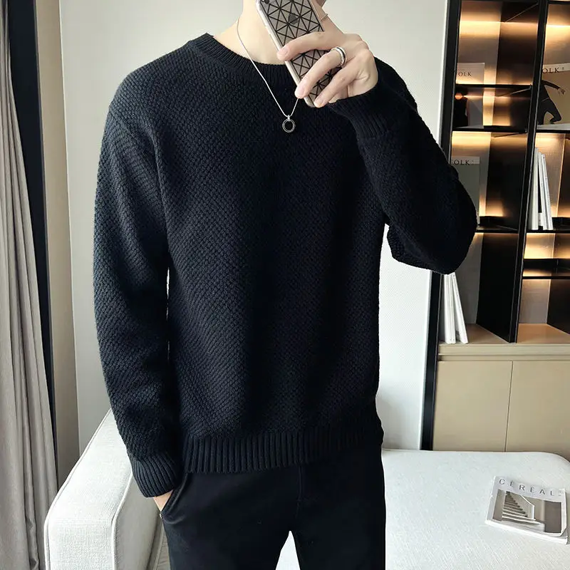 

White Basic Long Sleeved O-neck Warm Men's Simple Imitation Mink Velvet Knitted Shirt and Comfortable Top Bottom Z66