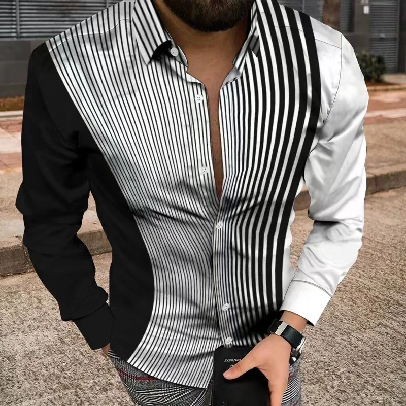 3D digital printing men\'s fashionable casual long-sleeved lapel shirt, spring and autumn men\'s shirt