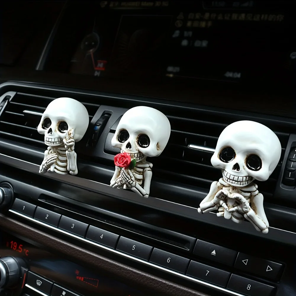 3pcs Cute Skull Resin Statues Car Interior Accessorie Fragrance Diffuser Air Purification Air Outlet Decoration Perfect Car Gift