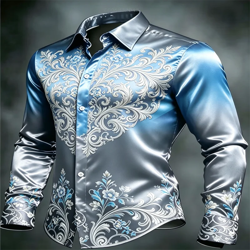 Men Satin Long Sleeve Dress Shirt Blue Purple Gradient Baroque Floral Print Button‑Down Collar Male Party Banquet Formal Casual