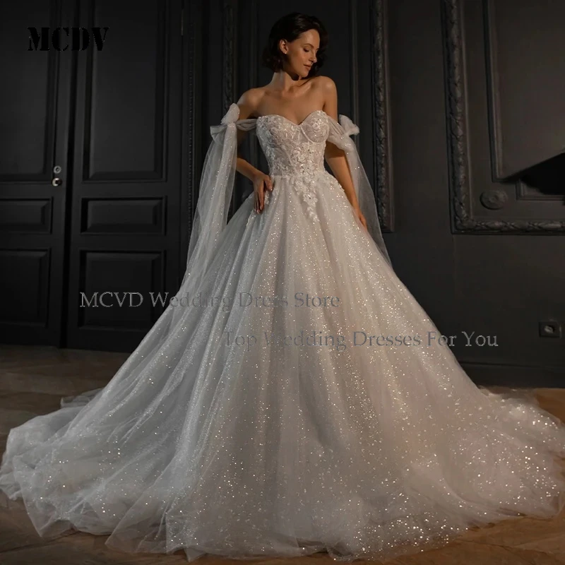 

MCDV Sparkly Bow Wedding Dress for Women Bride Sweetheart Lace Up Tulle Pleated Robe De Mariée Personalized Customization
