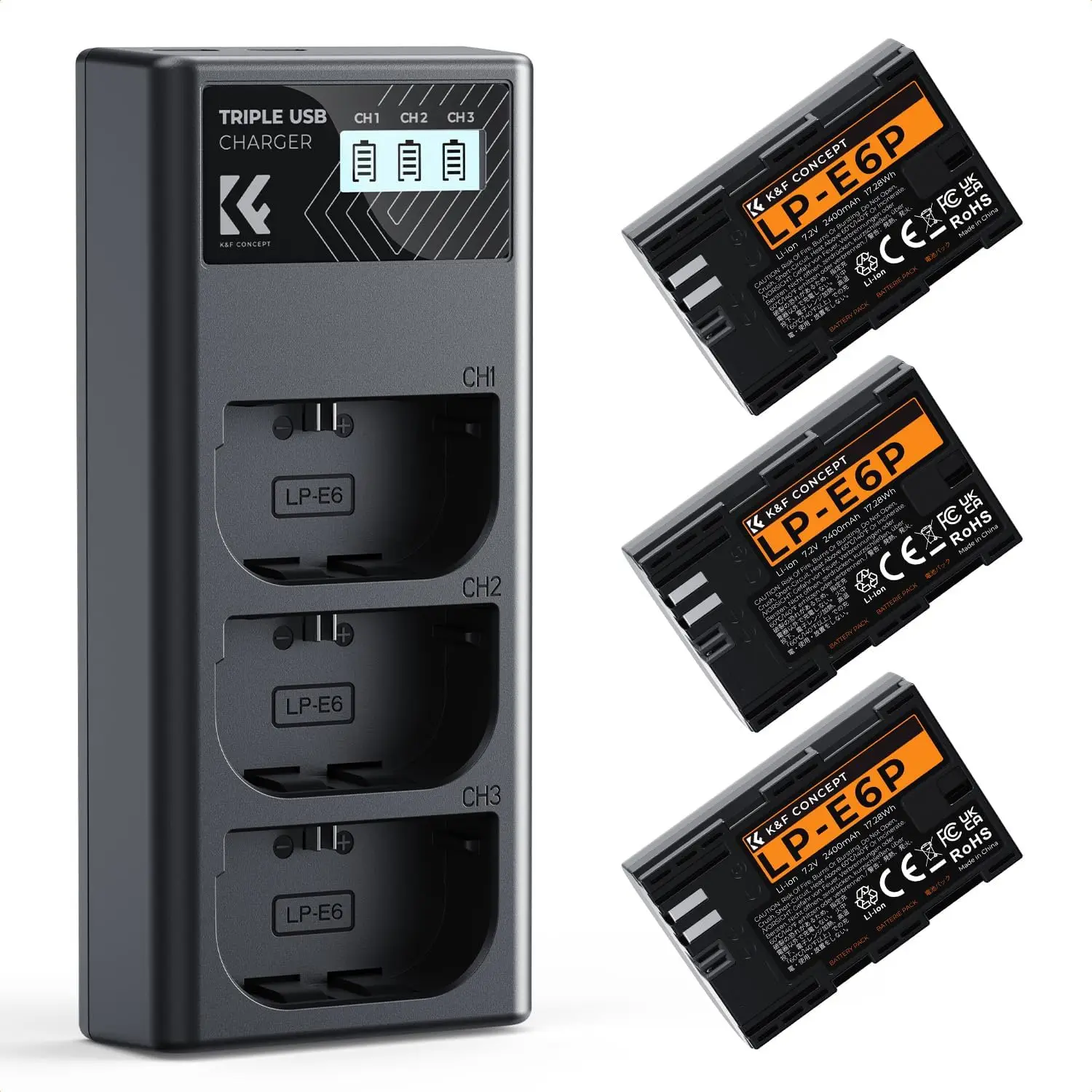 LP-E6P Battery Charger 3-Pack, 2400mAh, for R6 Mark II III, R5 Mark II, C50, R6V, R5 R6 R7, 5D 6D 7D Mark II Cameras