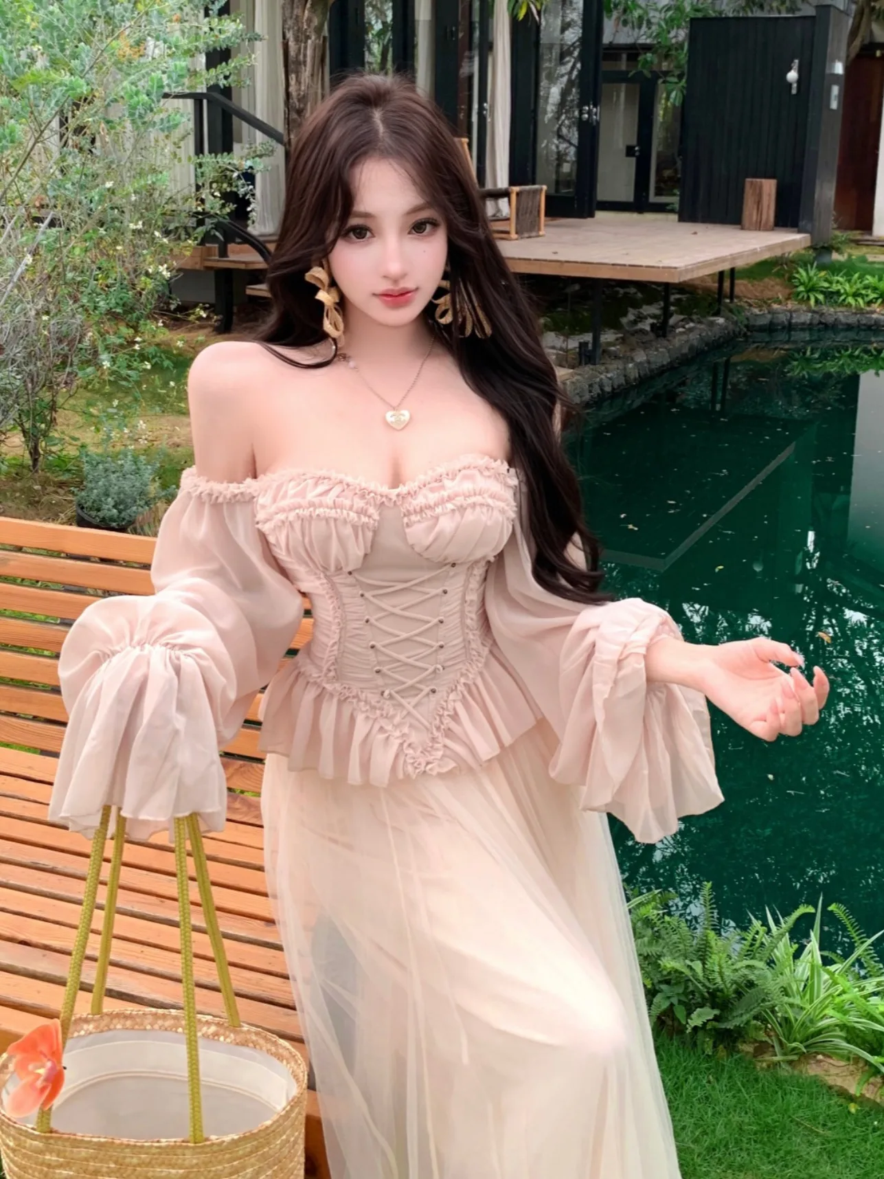 

Spring Summer Sweet One oulder Fibone Long Sve Women's Chiffon irt Gentle Set Me f Skirt Two Piece Set
