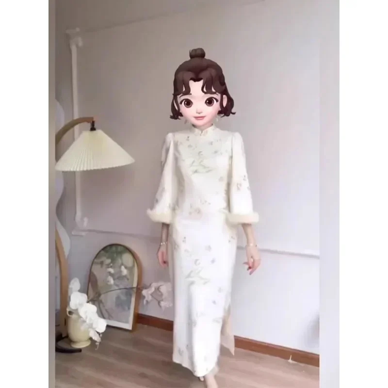 ฤดูใบไม้ร่วงฤดูหนาวสไตล์จีนสีชมพูไม้ไผ่สีขาวพิมพ์ Cheongsam ชุดผู้หญิงชุดพรรค Elegant Qipao Plus ขนาด 2xl 3xl 4xl