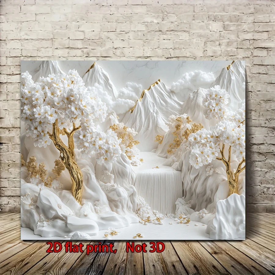 

2D Flat White Flower Golden Tree Mountain Scenery Posters, Suitable For Modern Living Room And Bedroom Decoration, Bedroom Wall