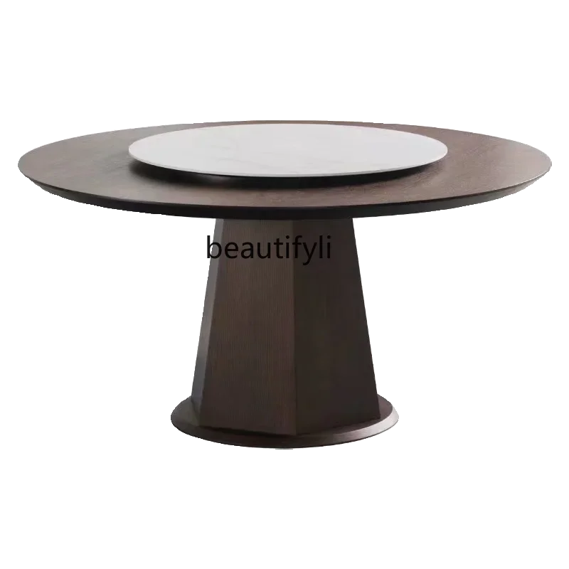 

Solid Wood round Dining Table Modern Simple Home Italian Light Luxury Stone Plate with Turntable round Table