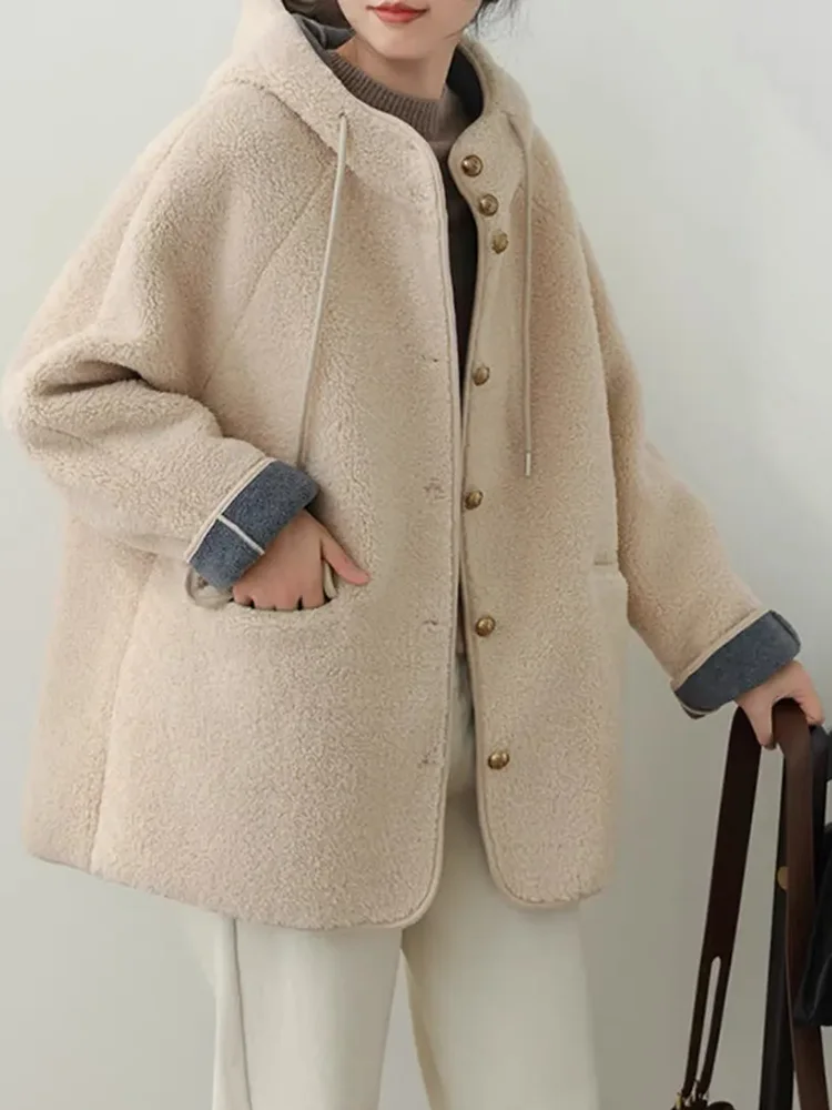 Women Hooded Loose Lamb Wool Jackets Korean Casual Single Breasted Thick Unlined Coats Tops Winter Warm Long Sleeve Abrigos New