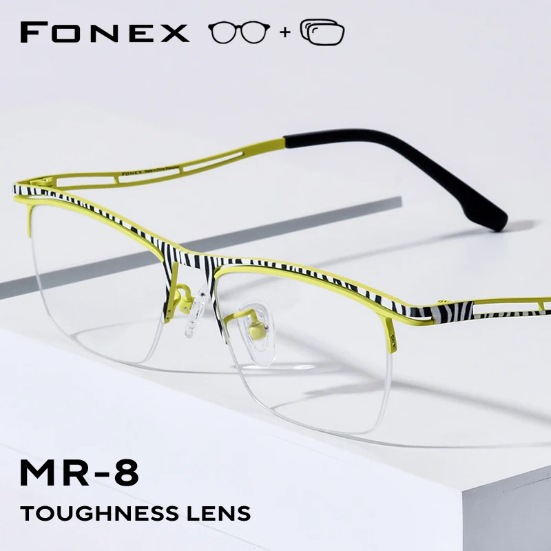 FONEX Progressive Prescription Eyeglasses Anti Blue Myopia Optical Lenses Eyewear Men Square Glasses Semi-Rimless Titanium Frame