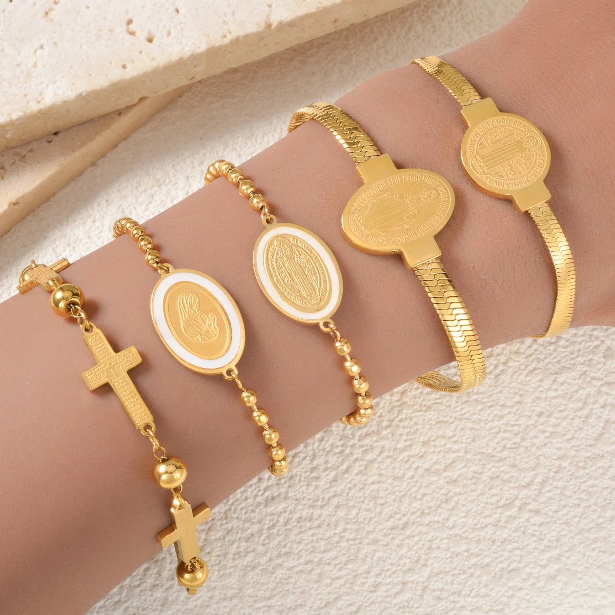 Catholic Religious Bracelet for Women Stainless Steel Virgin Mary Saint Benedict Cross Bracelet Herringbone Chain Bead Bangle