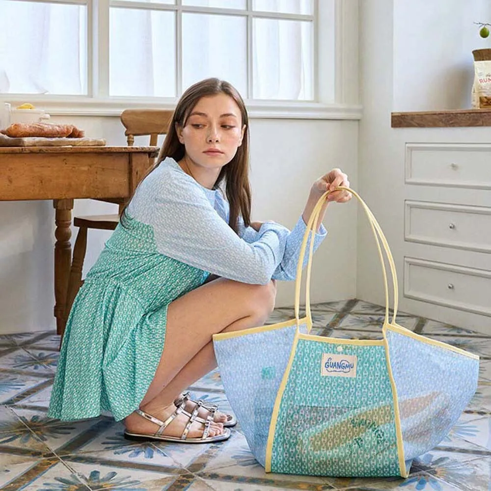 

Breathable Contrast Color Tote Bag Large Capacity Hollowed Out Floral Mesh Shoulder Pouch Polyester Portable Women Beach Handbag