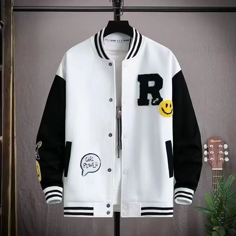 Smiling Face Embroidery Baseball Jacket Preppy Style Patchwork Outerwear Coat Men\'s Clothing Vintage Streetwear Hip Hop Jacket