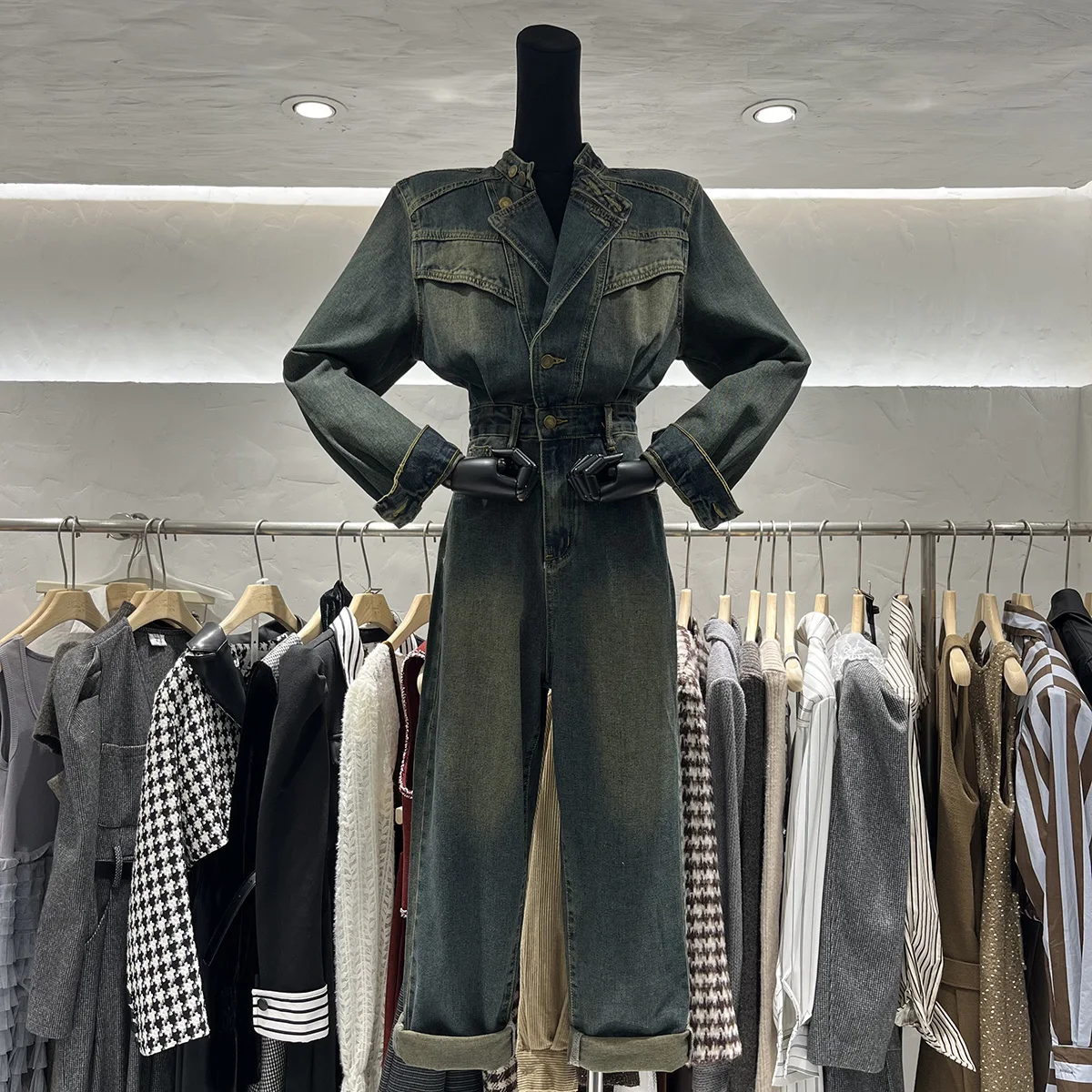 Novo ibcyx americano sle cintura alta emagrecimento denim macacão calças compridas v-ne retro ele faionable algodão workwear