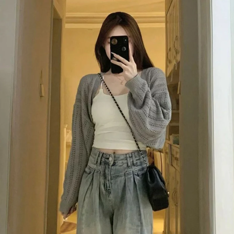 秋の新作Y2Kシュラッグロングスリーブカーディガン レディース 韓国ファッション ホローアウトニットコート 原宿系 ルーズ 軽量ショールトップス