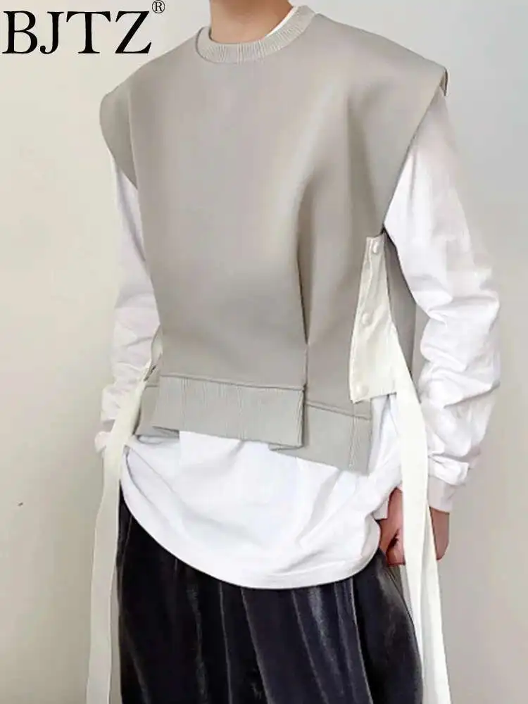 

BJTZ Gray Ribbon Big Size Irregular Casual Vest Loose Women New Round Neck Sleeveless Fashion Tide Spring Autumn 2025