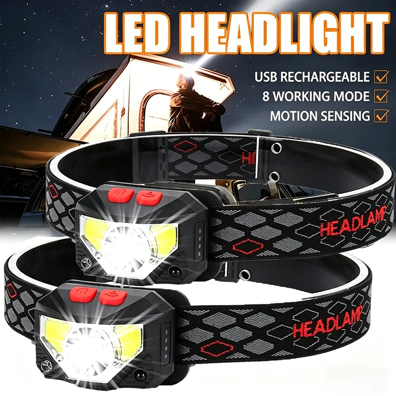 Powerful LED Sensor Headlamp USB Rechageable Headlight Led Head Torch Camping Search Light with Built-in Battery Fishing Lantern