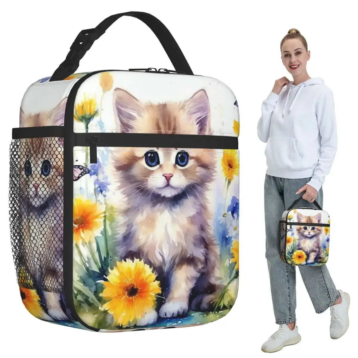 Oil Art Kitten And Yellow Flower Insulated Lunch Bag for Kids School Cooler Thermal Food Box Tote Portable Lunch Boxes Container