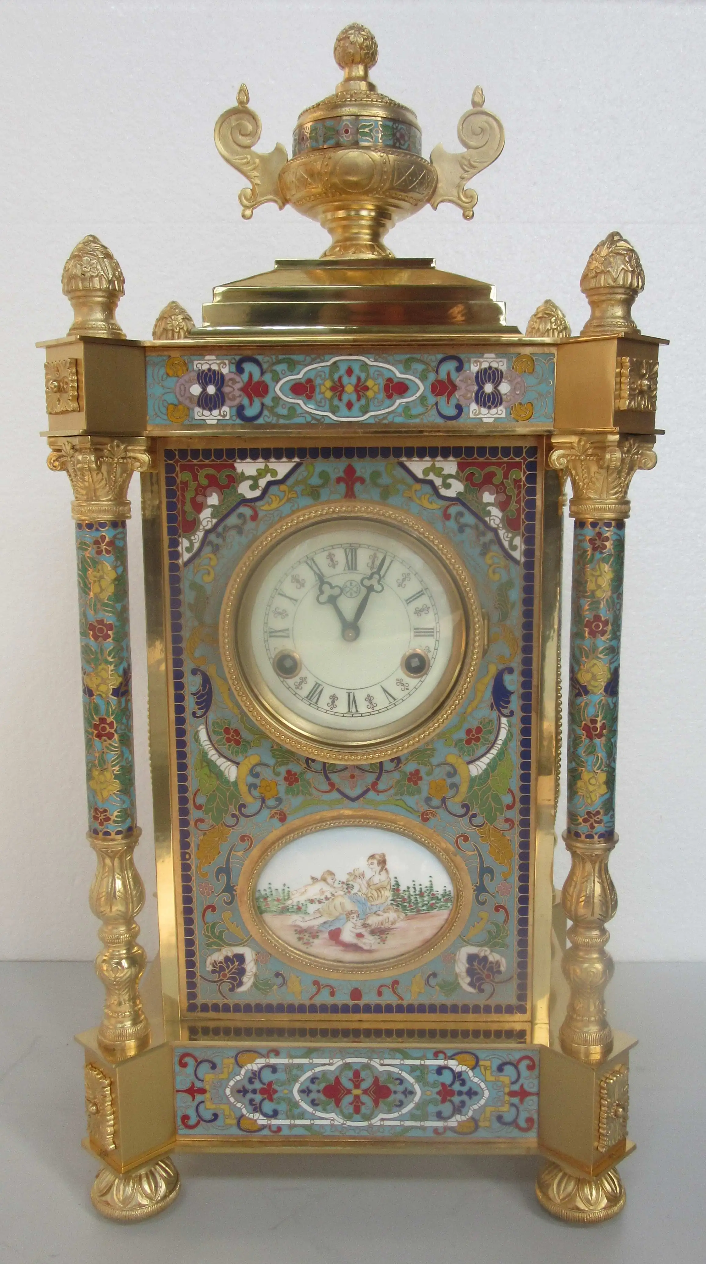 Solid Brass Vintage  Antique Gilt 19th  French Style 15 Days Mechanical Movement  Floral Blue Cloisonne Enamel Table/Desk Clock