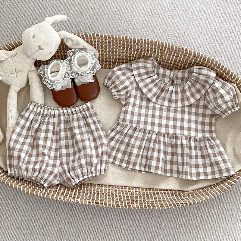 2024 New Summer Infant Baby Girls Clothing Set Short Sleeved Cotton Lattice Shirt+Shorts Toddler Baby Girl Clothes Suit