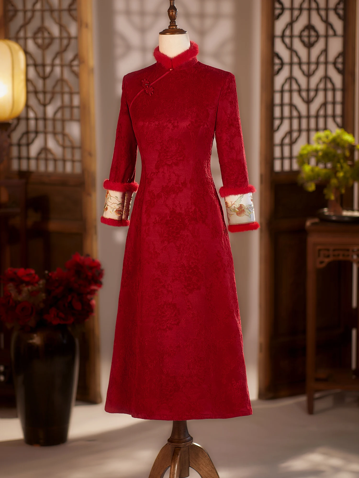 

Red Flag Robe Wedding Dr Thiened Fur Collar Long Vintage Sle Warmth for Wedding Suitable for Women over 35