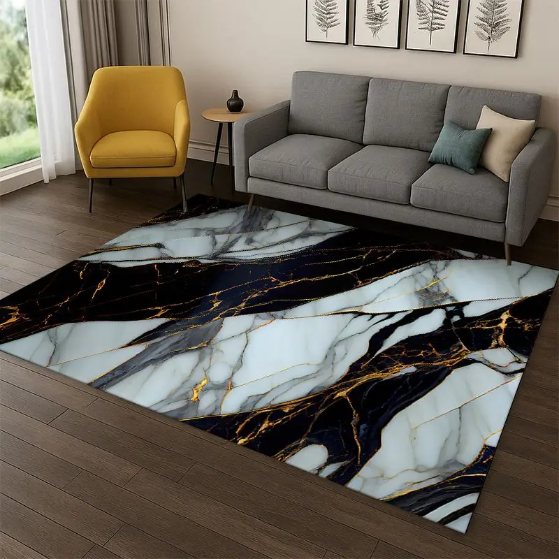 Luxurious Marble Colorful Gold Black Carpet Rug for Bedroom Living Room Sofa Playroom Doormat Home Decor, Area Rug Non-slip