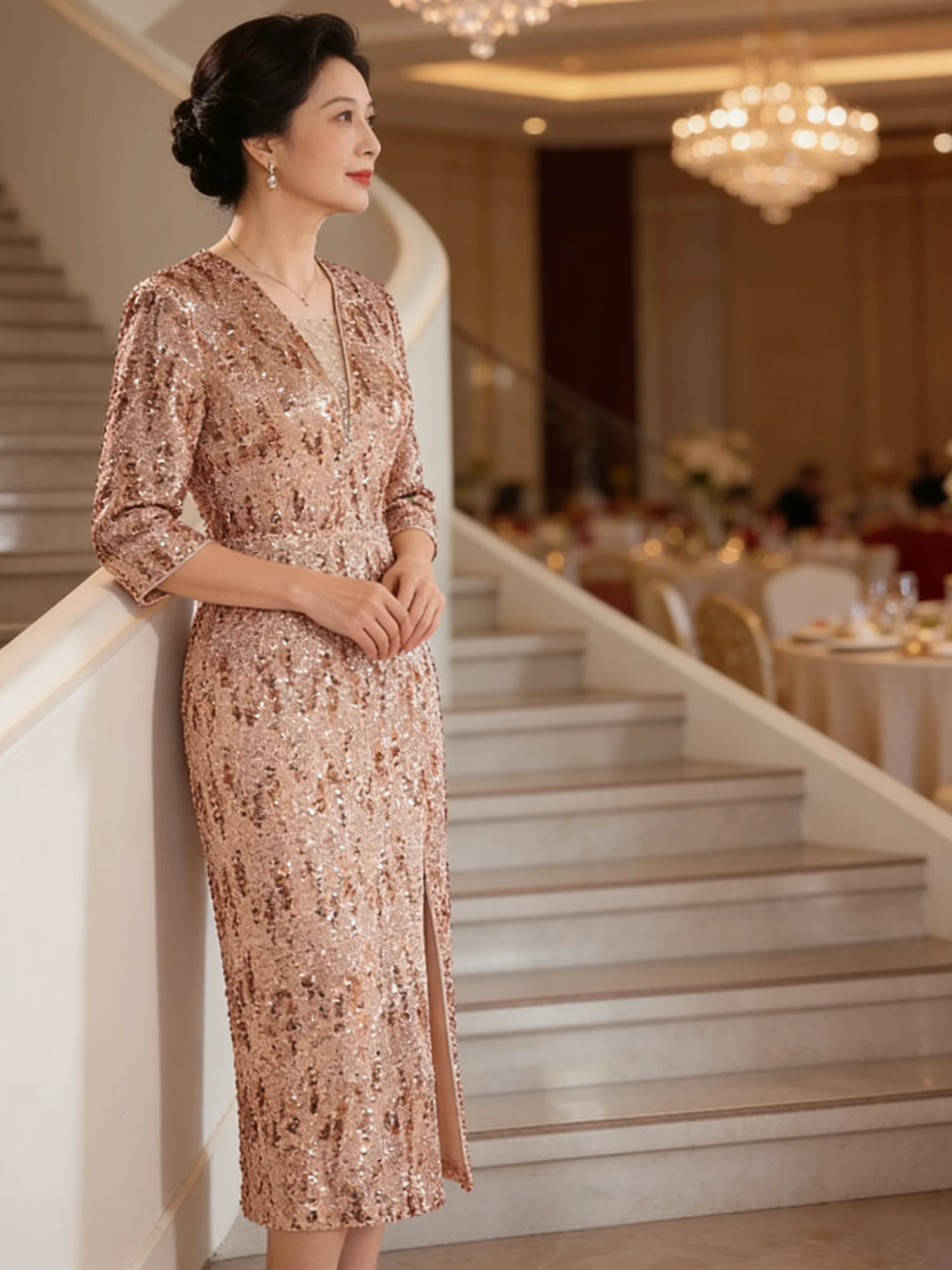 

Elegant Unique Wedding Dress Shiny Sequin Women's Dress Long Sleeve Midi Skirt Wedding Gown Mothers of the Bride Party Dress