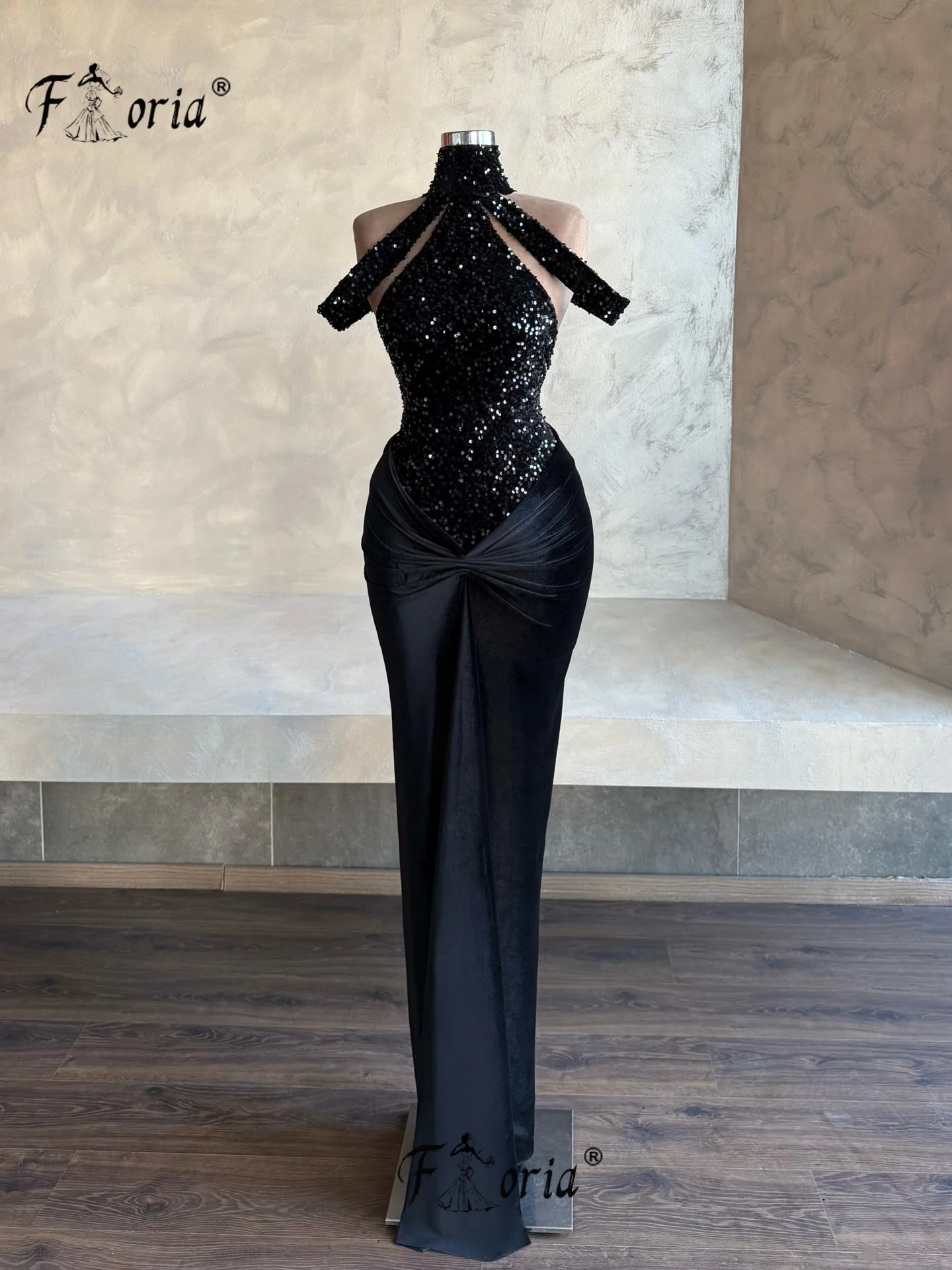 

Elegant Black Sleeveless Mermaid Evening Dresses Sequined Top Velvet Customized Prom Dress Long Wedding Guest Robe de soiree New