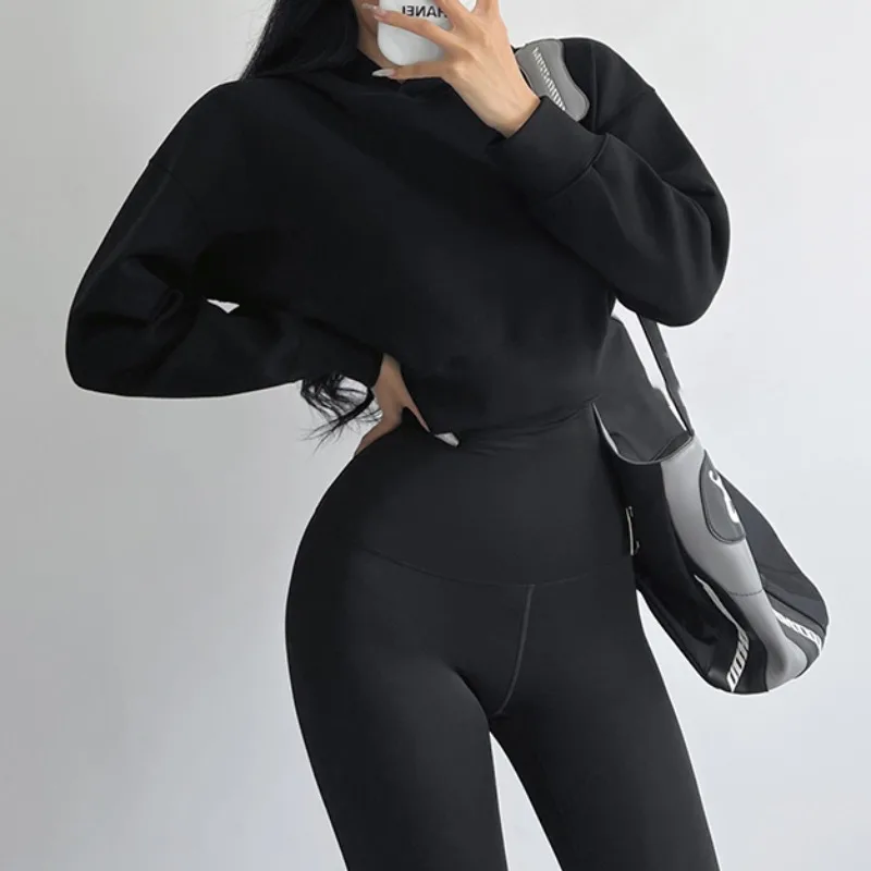 American Hooded Pullover Long Sleeved Sweatshirt Coats for Women in Spring Exposed Navel Casual Temperament Short Hoodies Sports