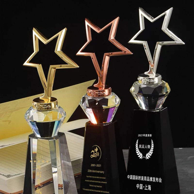 Customized Metal Pentagram Diamond Crystal Trophy, Company Outstanding Employee Souvenir Sports Movie Award Home Decoration, 1Pc