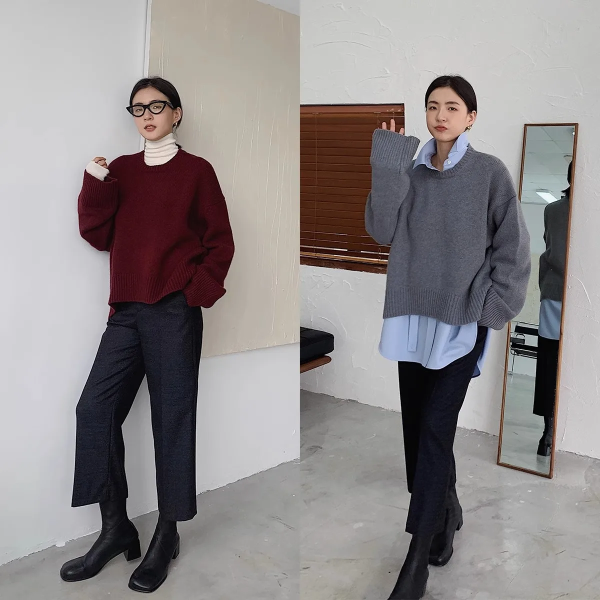 เสื้อสเวตเตอร์แคชเมียร์แบบหนา สไตล์ใหม่สำหรับฤดูใบไม้ร่วงและฤดูหนาว สำหรับผู้หญิง ทรงหลวม สไตล์ยุโรป คอกลม ถักนิตติ้ง