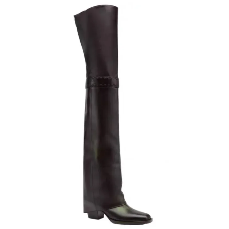 

Square Toe Thick Heel Skirt Over The Knee Boots Woman 2025 Fashion Slip-On Invisible Heightening Thigh High Fashion Boots
