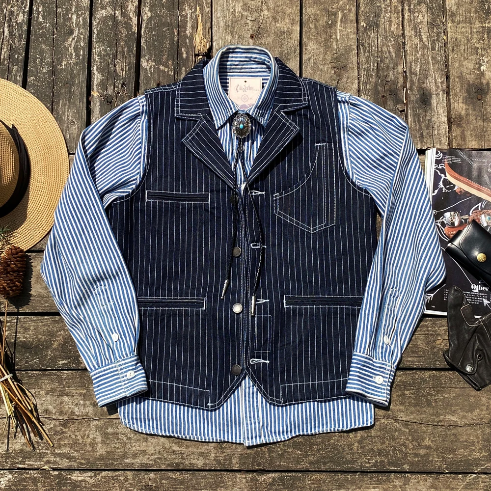 

Tailor Brando American Vintage Suit Collar Vertical Stripes Biker Work Denim Vest Western Style