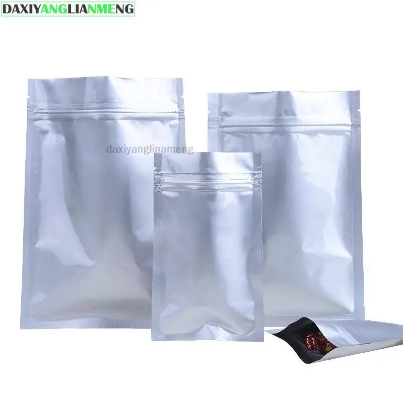 50pcs/lot Bigger 5sizes  Silver Pure Aluminum Foil Zipper Lock Bag Self Seal Zipper Flat Bottom Bag Retail Packaging Pouch