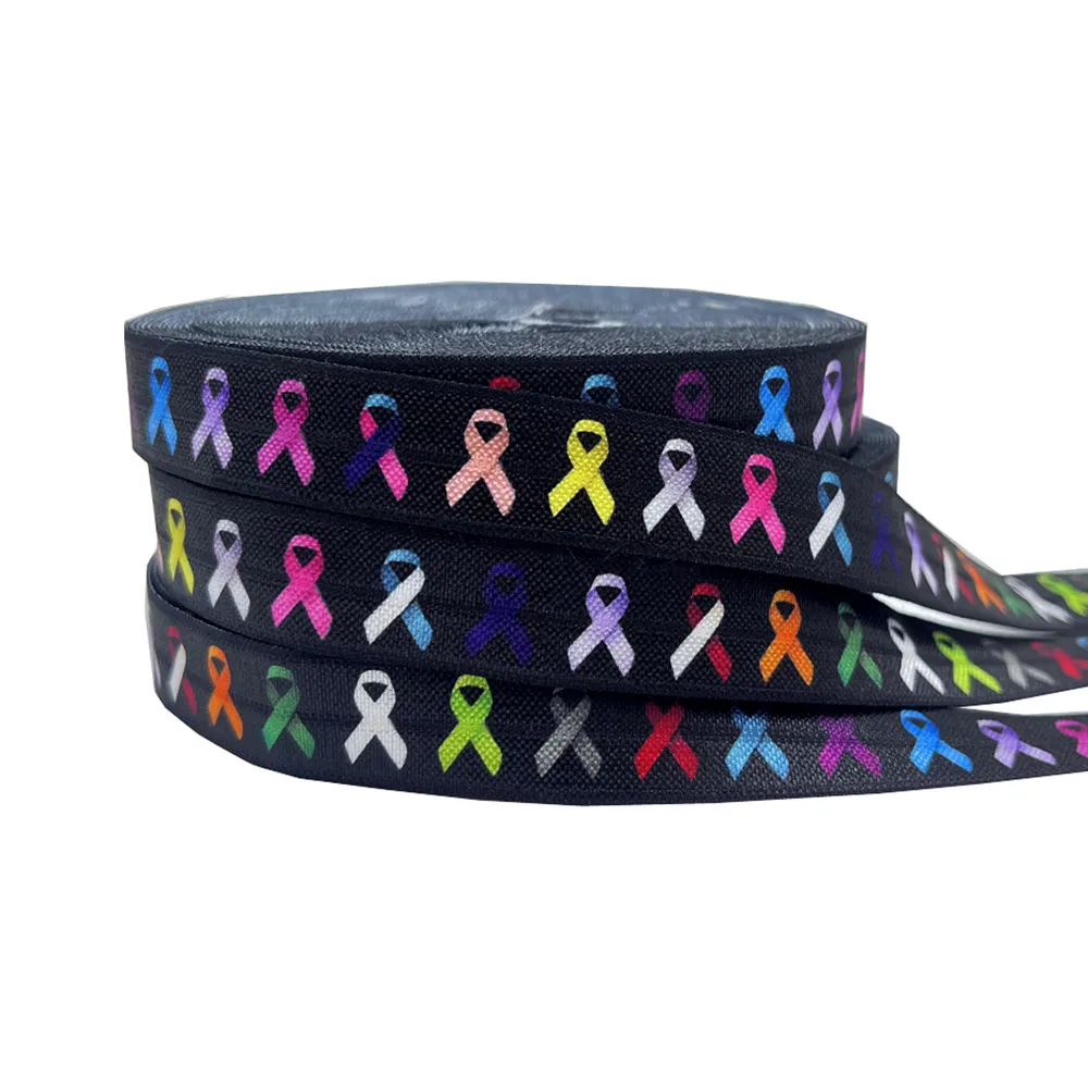 10Yard Colorful Breast Cancer Print Fold Over Elastic 15MM FOE Ribbon For DIY Headwear Gift Webbing Accessories