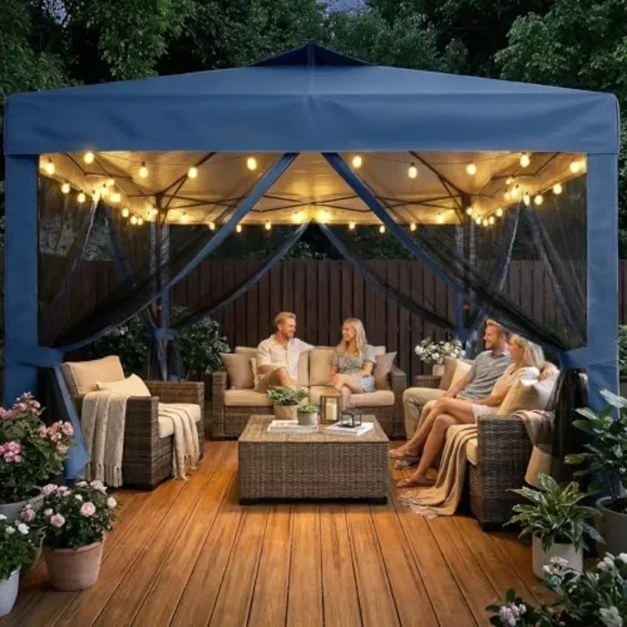 10x10 Pop Up  Tent with NettingOutdoor Portable  Folding Gazebo with 4 Ropes 4 Sandbags and Wheeled Storage Bag 3 Height Positi