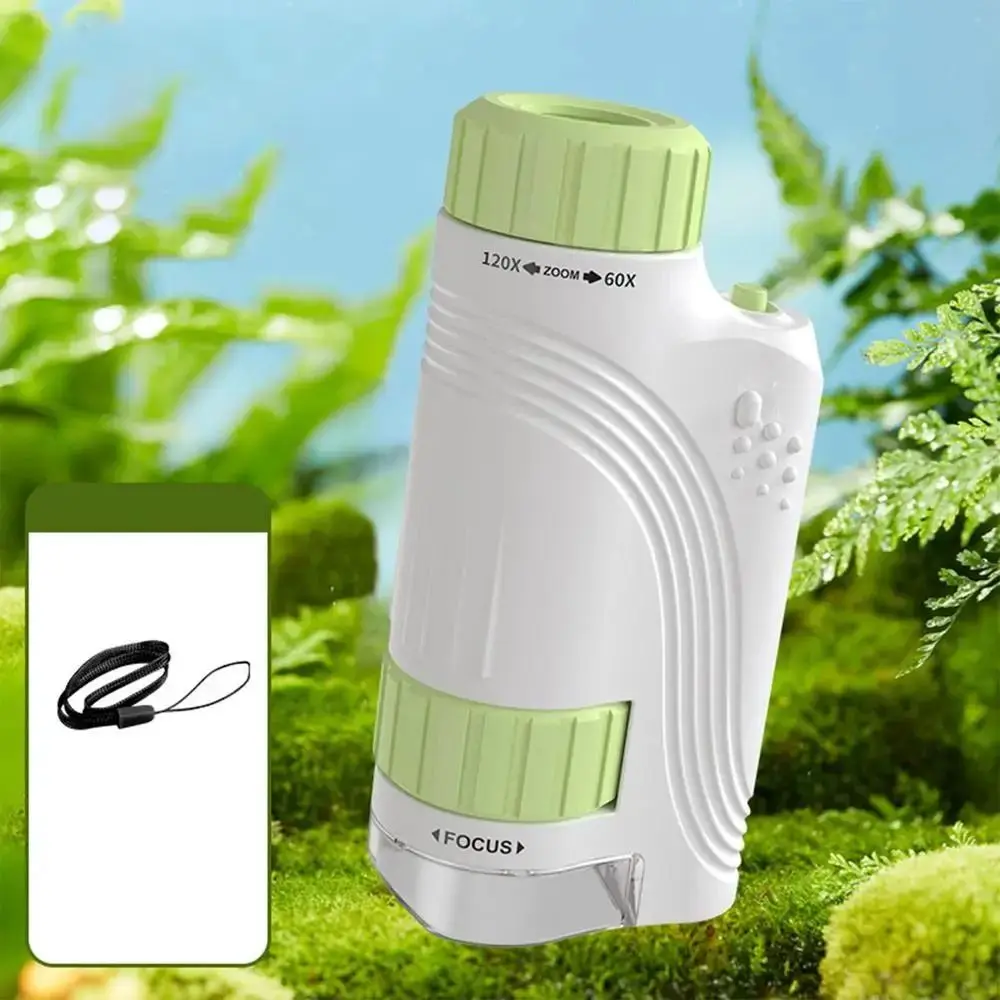 Mikroskop ręczny przenośny 60x-120x, zabawka, odłączany, z oświetleniem LED, mikroskop kieszonkowy dla dzieci z paskiem na nadgarstek i obrotową podstawą.
