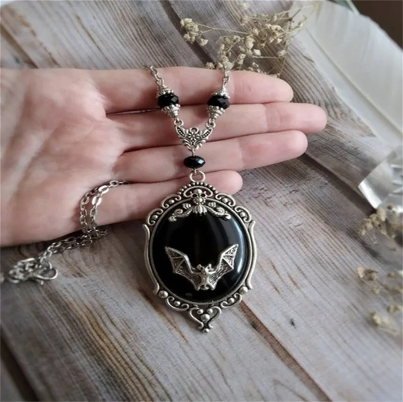 Gothic Vampire Bat Sweater Necklace Silver Plated Framed Bat Cameo Necklace Halloween Witch Crystal Necklace Gift for Bat Lover