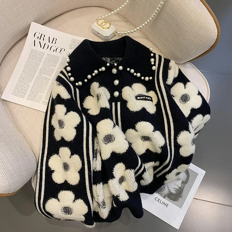 Pearl Beading Floral Knitted Women Sweater Tops 2022 Autumn Winter Vintage Elegant Ladies Pullover Long Sleeve Fashion Jumpers