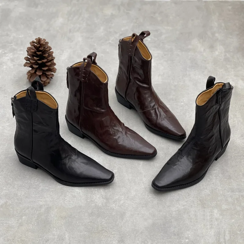 Soft Cowhide Woman Ankle Boots Luxury Handmade Quality Genuine Leather 2026 Spring Fashion Retro Black Pointed Toe Womens Shoes