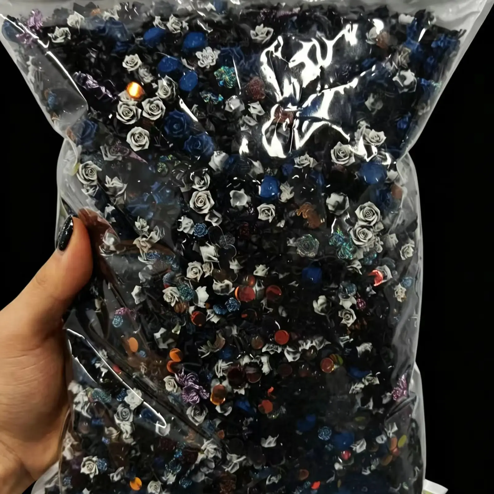 1KG Bulk Black Mixed Nail Charms Resin Rose Star Bow 3D Nail Art Decor DIY Manicure Supplies