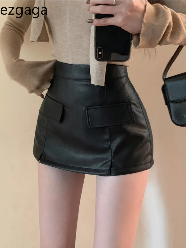 

Ezgaga Mini Skirts Women Autumn Winter Sexy Pockets PU Leather Slim Culottes Black Wrap Hip Female Street Fashion Skirt