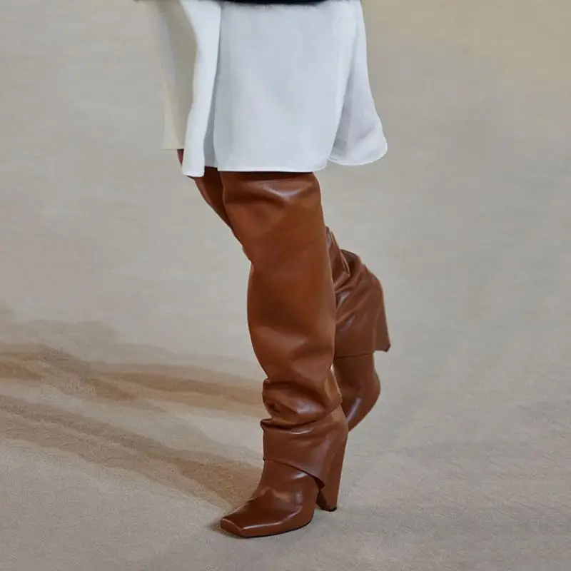 Arden Furtado Brown Patent Leather Tapered heel Over the knee boots Square-head Pleated Slip-on Fashion high heel Knight boots