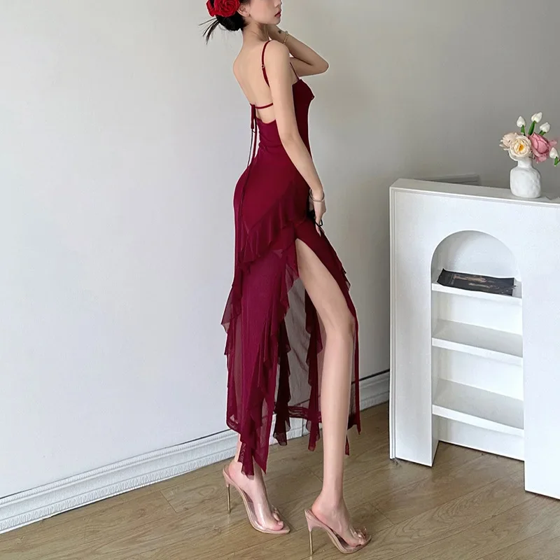 

Women Maxi Dress Summer Elegant Solid Sleeveless Nipped Waist Slim Backless Ruffled Irregular Party Dresses Y2k Streetwear