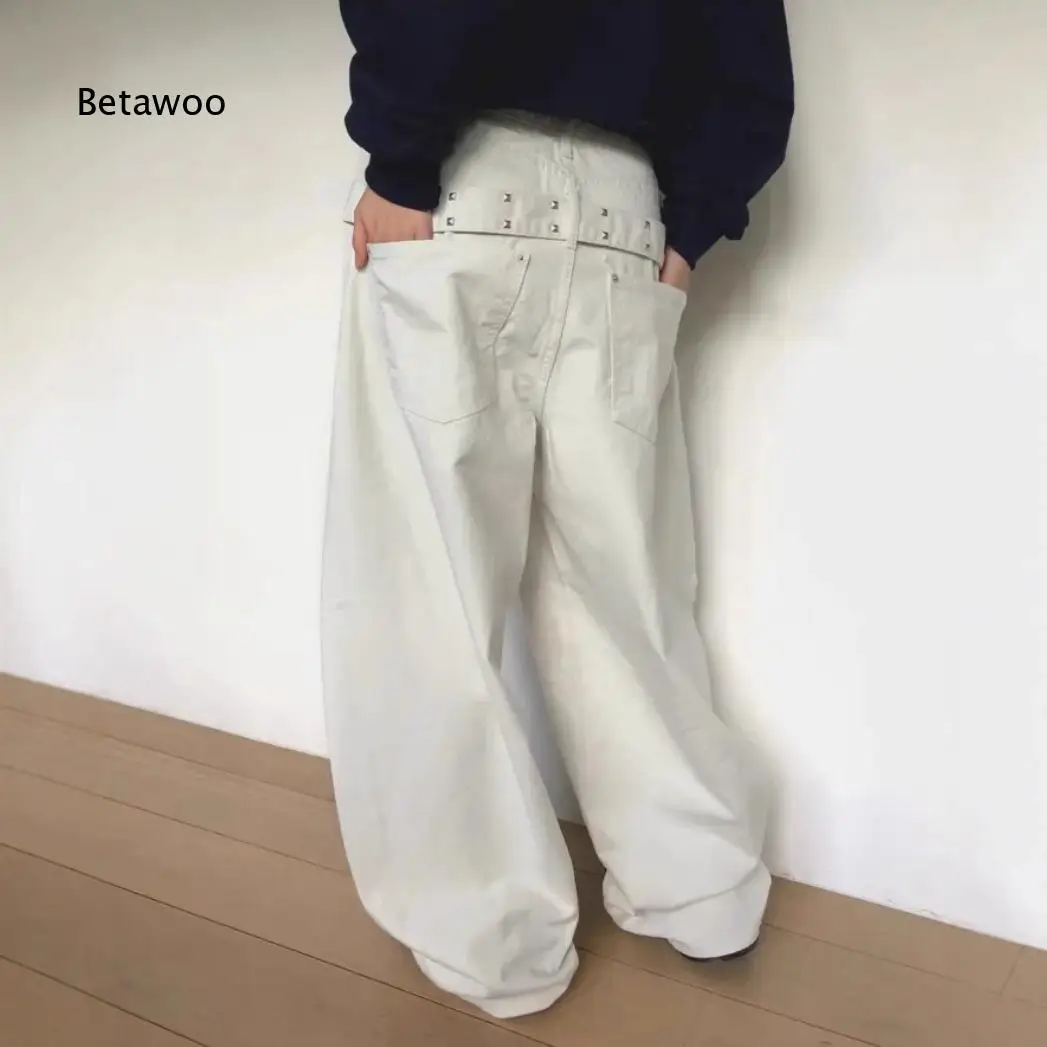 Women Oversized Wide Leg Long Pants Black Back Waist Rivet Decoration Multi Pocket Loose Trousers For Daily Street Matching