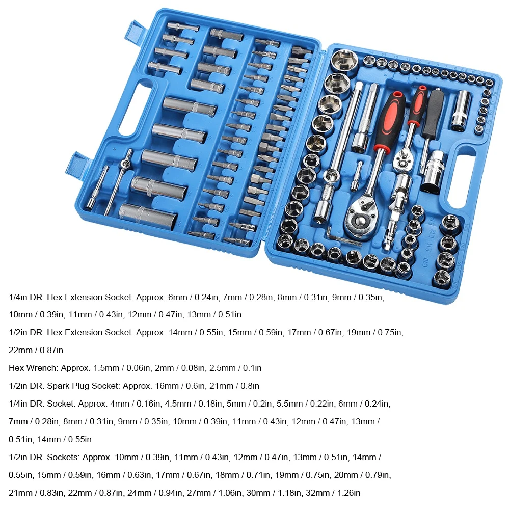 108Pcs Ratchet Wrench Socket Set 1/4in 1/2in CR40 Steel Socket Set Tool Case + Box Hand Tool Kits